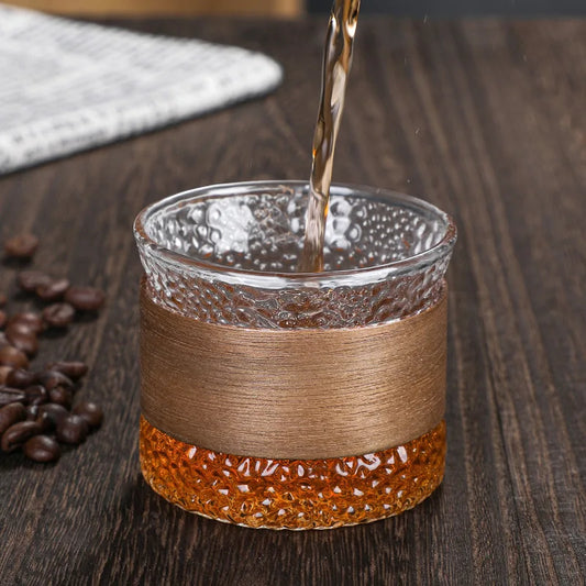 Embossed Glass Coffee Cup with Wooden Handle