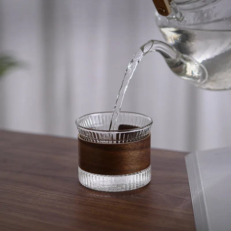 Embossed Glass Coffee Cup with Wooden Handle