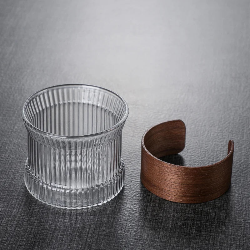 Stripe Glass Coffee Cup with Wooden Handle