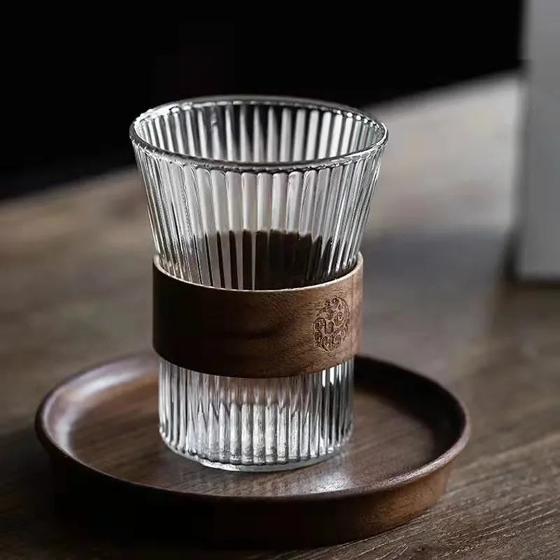 Stripe Glass Coffee Cup with Wooden Handle