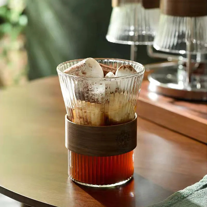 Stripe Glass Coffee Cup with Wooden Handle